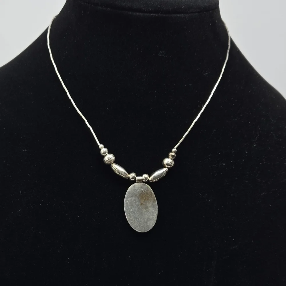 Vintage Sterling Silver Beaded Necklace With Turquise Stone Pendant 16 Inches - Picture 7 of 9